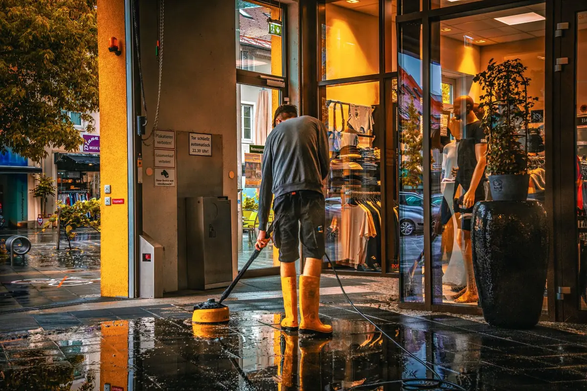 A worker running a surface cleaner across the wet entrance of a lit shop