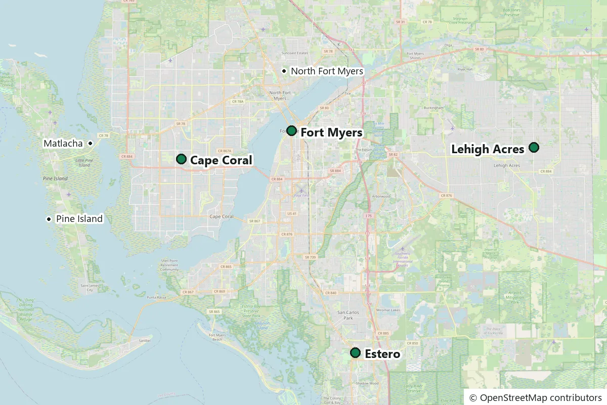 Map of Cape Coral and nearby Lee County: Fort Myers, Lehigh Acres, Estero, North Fort Myers and Pine Island